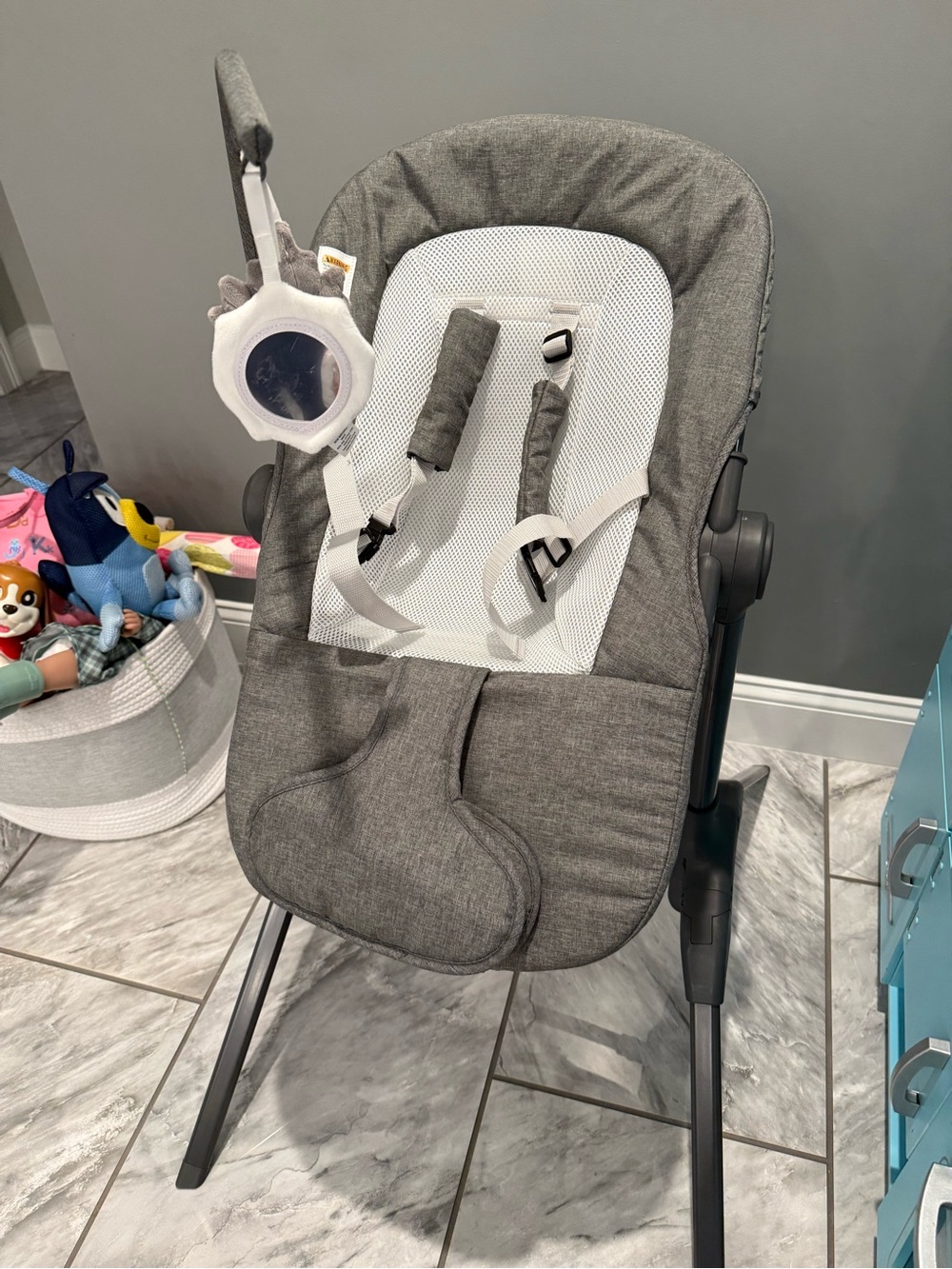 Gray Baby Bouncer Seat with Toy Bar